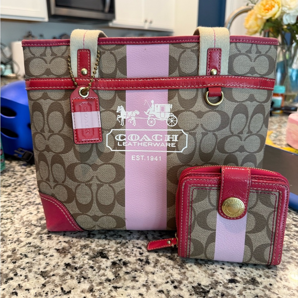 Coach Signature Stripe Tote Bag Khaki Pink Red Trim w/ Matching Wallet